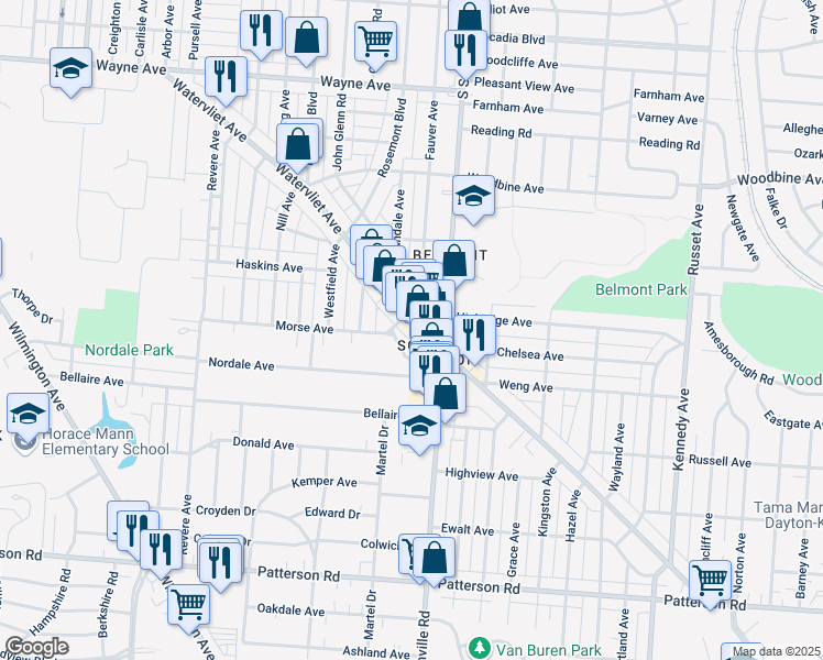 map of restaurants, bars, coffee shops, grocery stores, and more near 713 Watervliet Avenue in Dayton