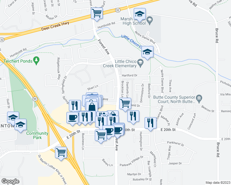 map of restaurants, bars, coffee shops, grocery stores, and more near 63 Brenda Drive in Chico