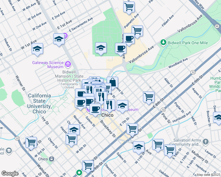 map of restaurants, bars, coffee shops, grocery stores, and more near 362 East 3rd Street in Chico