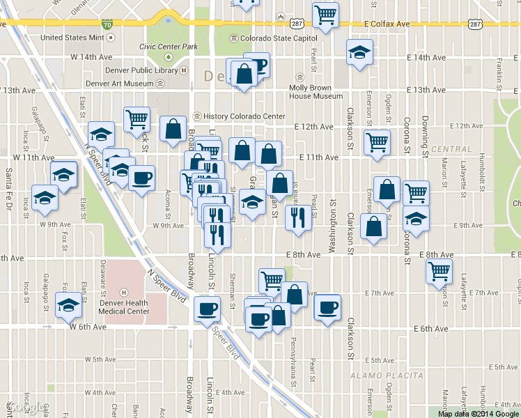 map of restaurants, bars, coffee shops, grocery stores, and more near 325 East 9th Avenue in Denver