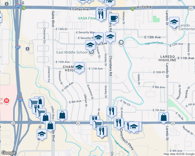 map of restaurants, bars, coffee shops, grocery stores, and more near 15050 East 10th Avenue in Aurora