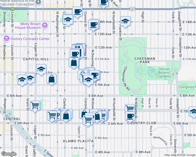 map of restaurants, bars, coffee shops, grocery stores, and more near 1301 East 9th Avenue in Denver