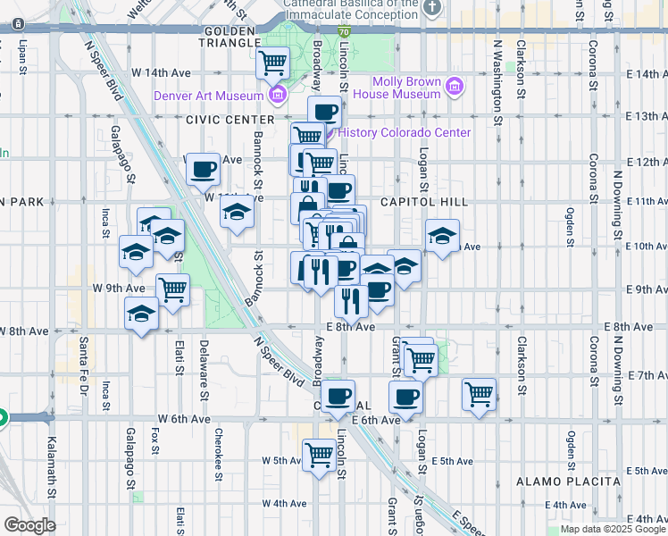 map of restaurants, bars, coffee shops, grocery stores, and more near 925 Lincoln Street in Denver