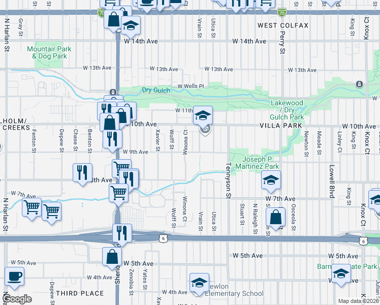 map of restaurants, bars, coffee shops, grocery stores, and more near 935 Vrain Street in Denver