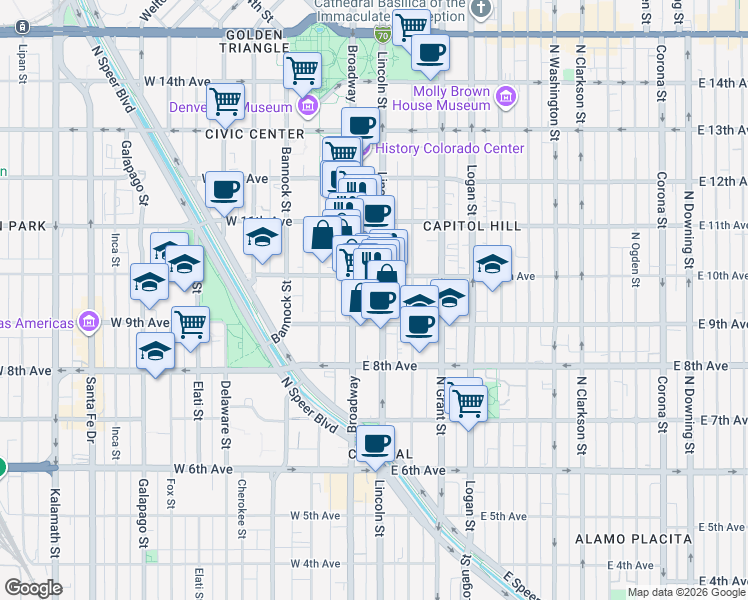 map of restaurants, bars, coffee shops, grocery stores, and more near 925 Lincoln Street in Denver