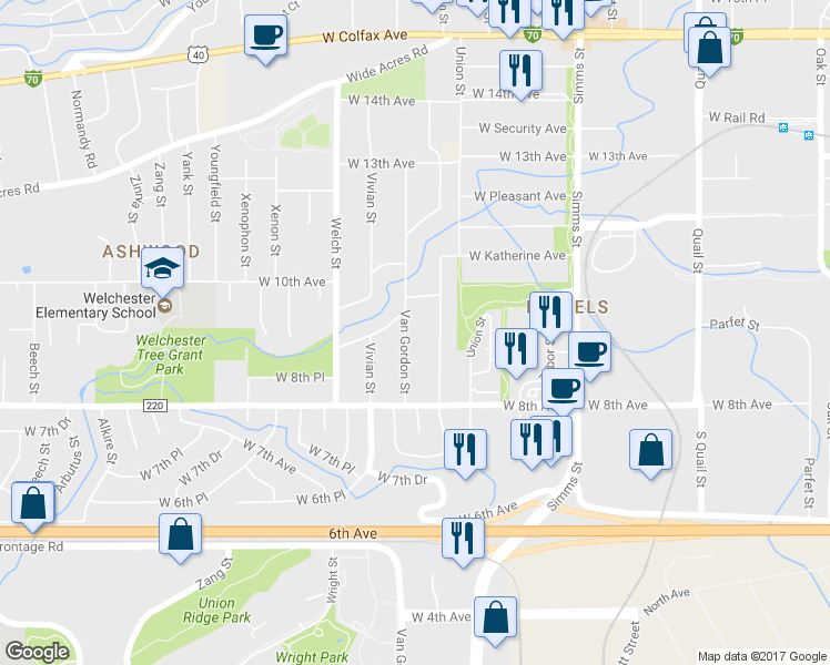 map of restaurants, bars, coffee shops, grocery stores, and more near 906 Van Gordon Street in Golden