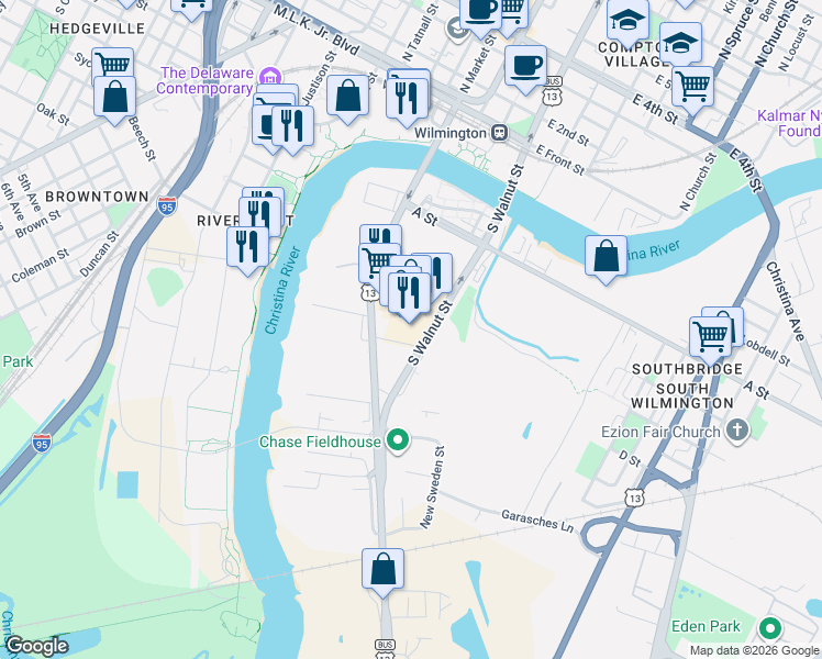 map of restaurants, bars, coffee shops, grocery stores, and more near 501 South Walnut Street in Wilmington