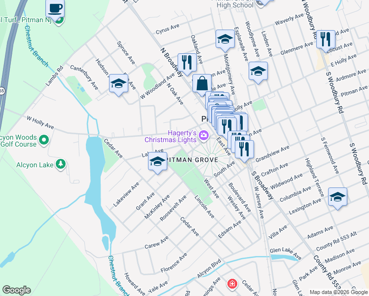 map of restaurants, bars, coffee shops, grocery stores, and more near 22 4th Avenue in Pitman