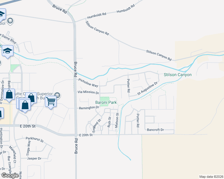 map of restaurants, bars, coffee shops, grocery stores, and more near 252 Via Mission Drive in Chico