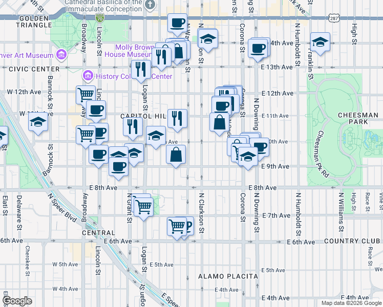 map of restaurants, bars, coffee shops, grocery stores, and more near 975 North Washington Street in Denver