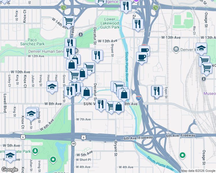 map of restaurants, bars, coffee shops, grocery stores, and more near 949 Bryant Street in Denver