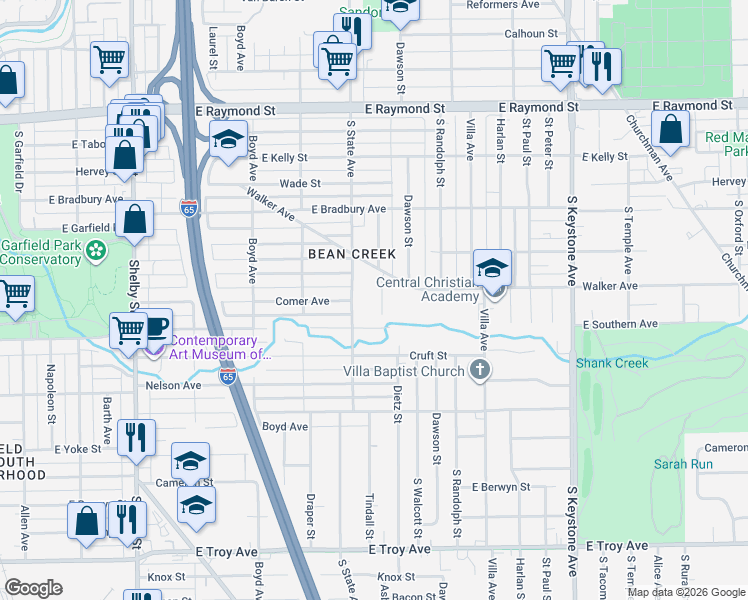 map of restaurants, bars, coffee shops, grocery stores, and more near 2509 South State Avenue in Indianapolis