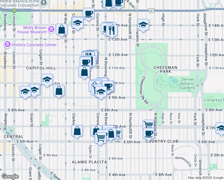 map of restaurants, bars, coffee shops, grocery stores, and more near 945 North Marion Street in Denver