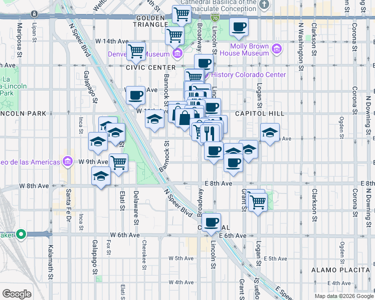 map of restaurants, bars, coffee shops, grocery stores, and more near 930 Acoma Street in Denver