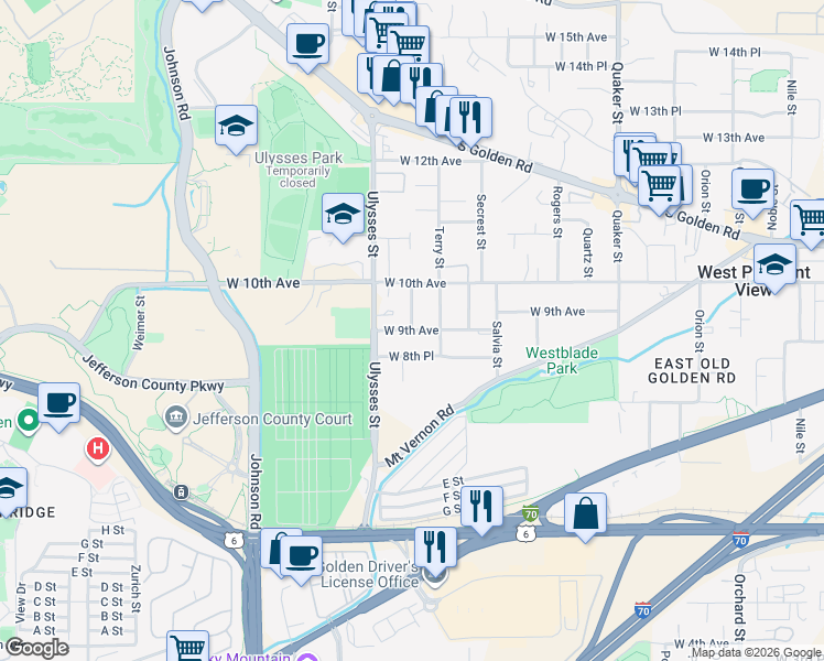 map of restaurants, bars, coffee shops, grocery stores, and more near Torrey Street in Golden