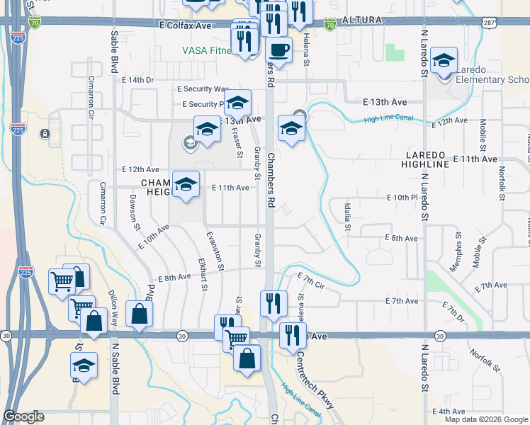 map of restaurants, bars, coffee shops, grocery stores, and more near 1087 Granby Street in Aurora