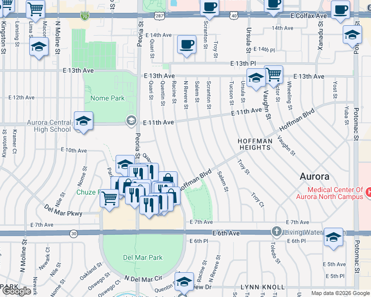 map of restaurants, bars, coffee shops, grocery stores, and more near 1000 North Revere Street in Aurora