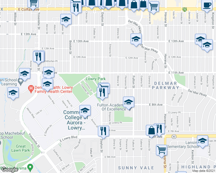 map of restaurants, bars, coffee shops, grocery stores, and more near 1050 Emporia Street in Aurora