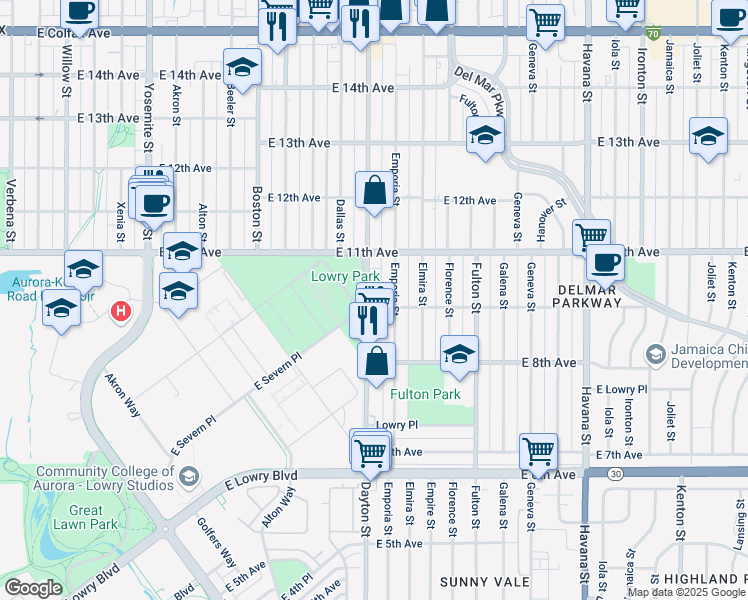 map of restaurants, bars, coffee shops, grocery stores, and more near 1054 Dayton Street in Aurora