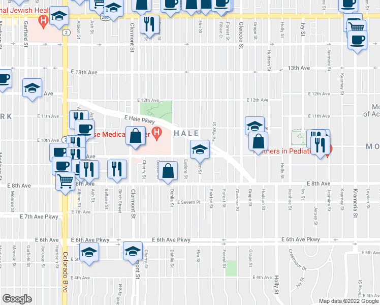 map of restaurants, bars, coffee shops, grocery stores, and more near 927 Elm Street in Denver
