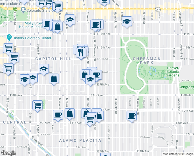 map of restaurants, bars, coffee shops, grocery stores, and more near 976 North Downing Street in Denver