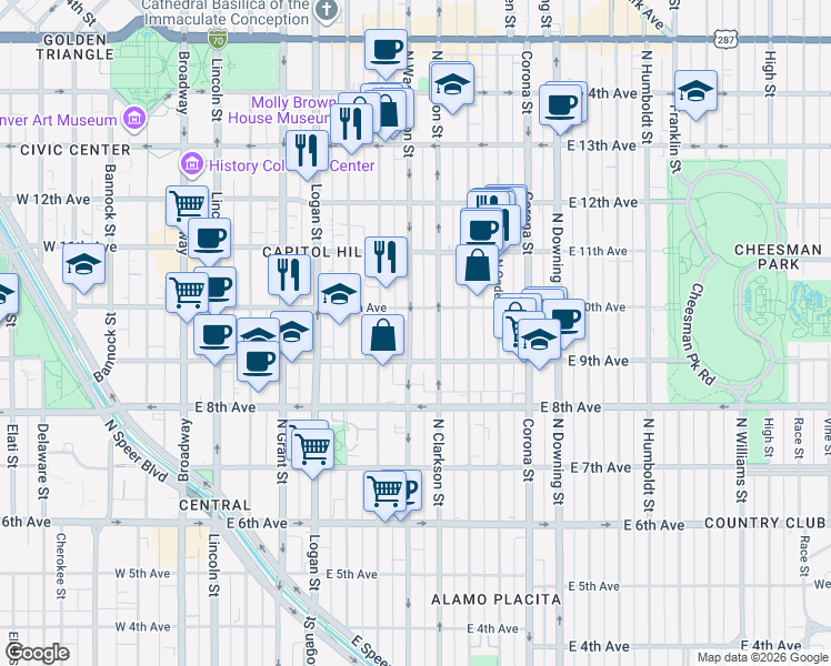 map of restaurants, bars, coffee shops, grocery stores, and more near 975 North Washington Street in Denver