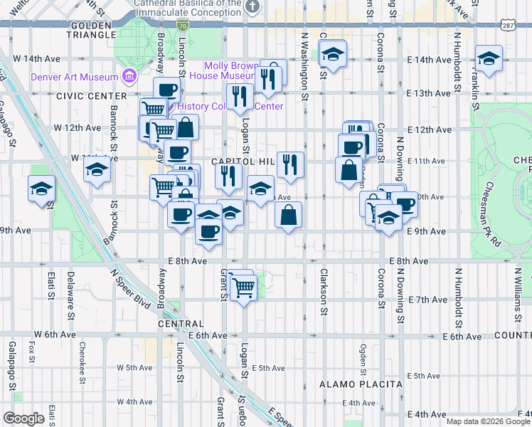map of restaurants, bars, coffee shops, grocery stores, and more near 925 Lincoln Street in Denver