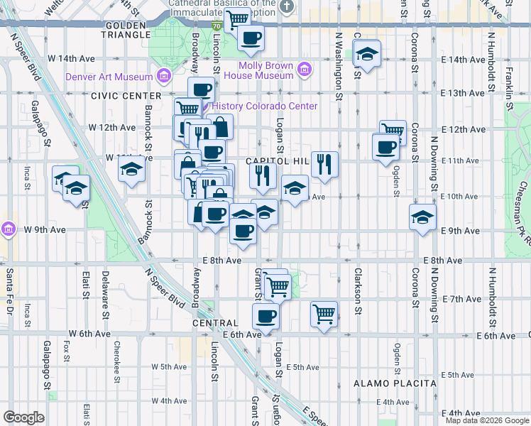 map of restaurants, bars, coffee shops, grocery stores, and more near 980 Grant Street in Denver