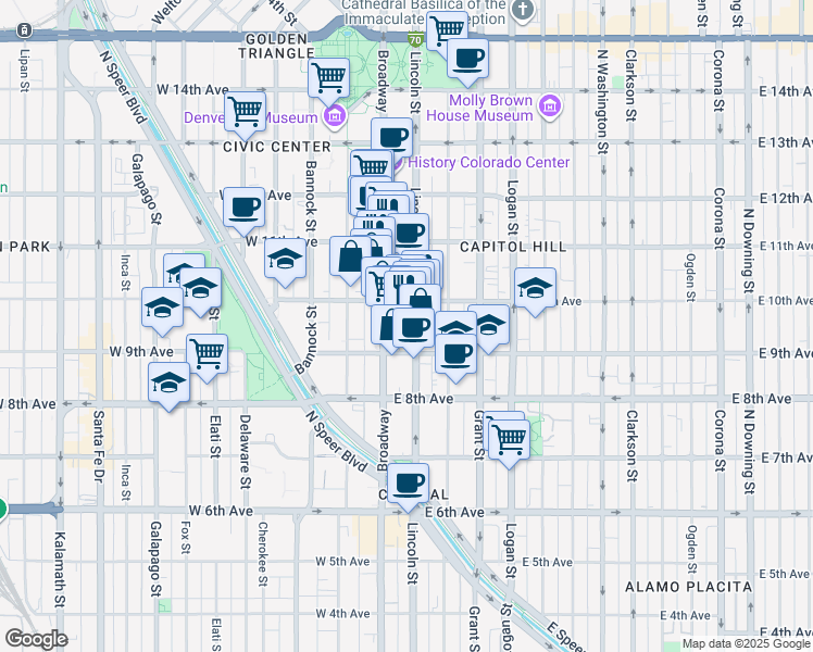 map of restaurants, bars, coffee shops, grocery stores, and more near 44 East 10th Avenue in Denver