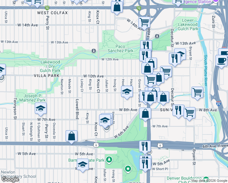 map of restaurants, bars, coffee shops, grocery stores, and more near 951 Irving Street in Denver