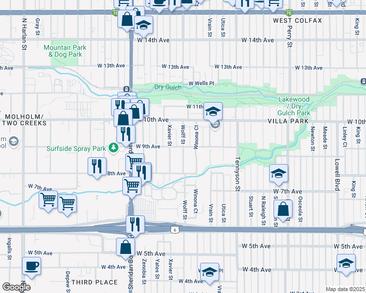 map of restaurants, bars, coffee shops, grocery stores, and more near 935 Winona Court in Denver
