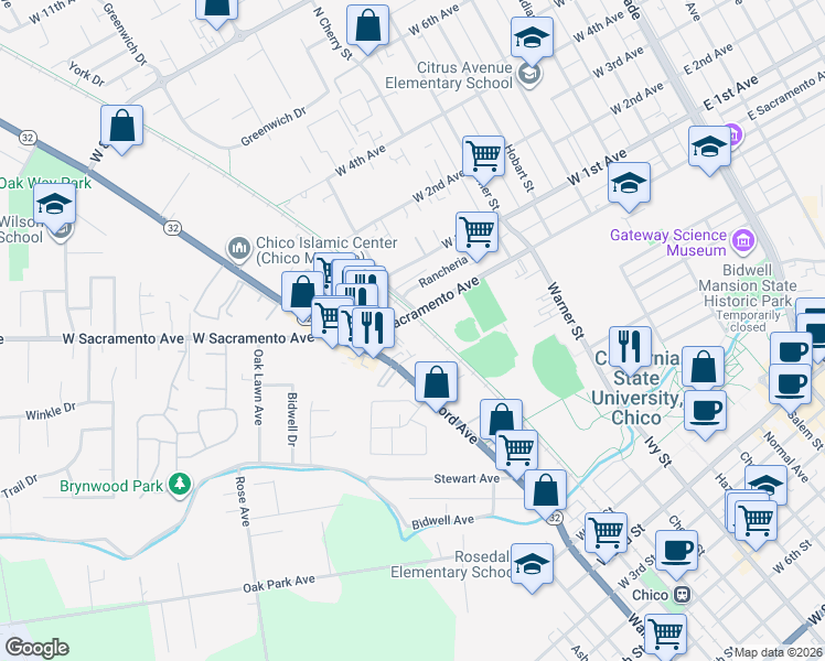 map of restaurants, bars, coffee shops, grocery stores, and more near 920 West Sacramento Avenue in Chico