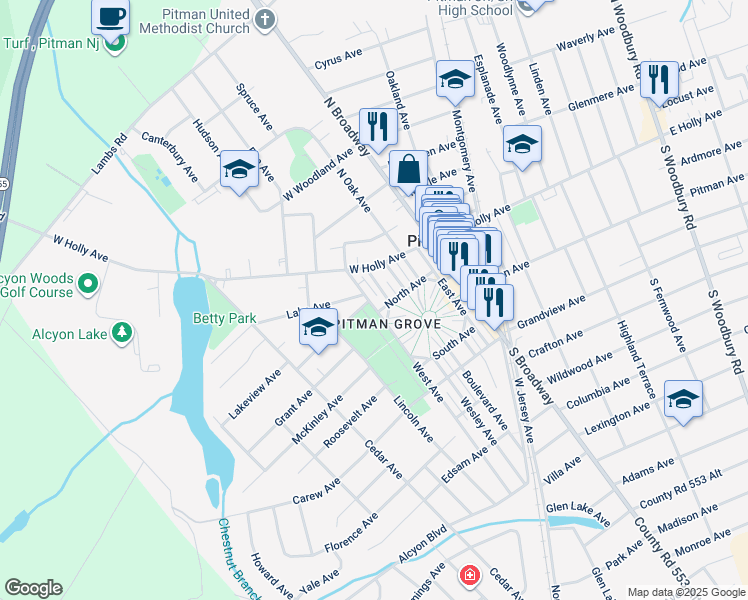 map of restaurants, bars, coffee shops, grocery stores, and more near 22 4th Avenue in Pitman