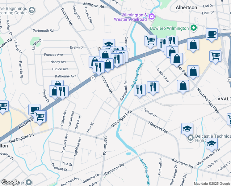 map of restaurants, bars, coffee shops, grocery stores, and more near 2107 Grafton Drive in Wilmington