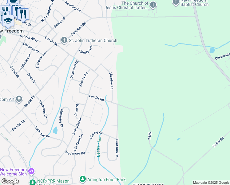 map of restaurants, bars, coffee shops, grocery stores, and more near 25 Meadow Street in New Freedom