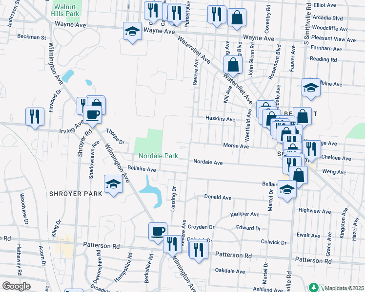 map of restaurants, bars, coffee shops, grocery stores, and more near 2531 Revere Avenue in Dayton