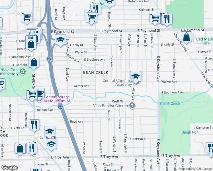 map of restaurants, bars, coffee shops, grocery stores, and more near 2511 Walker Place in Indianapolis