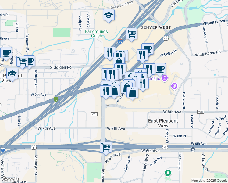 map of restaurants, bars, coffee shops, grocery stores, and more near 14700 West Colfax Avenue in Golden