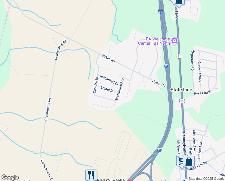 map of restaurants, bars, coffee shops, grocery stores, and more near 722 Bristol Drive in Greencastle