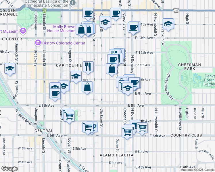 map of restaurants, bars, coffee shops, grocery stores, and more near 910 East 10th Avenue in Denver