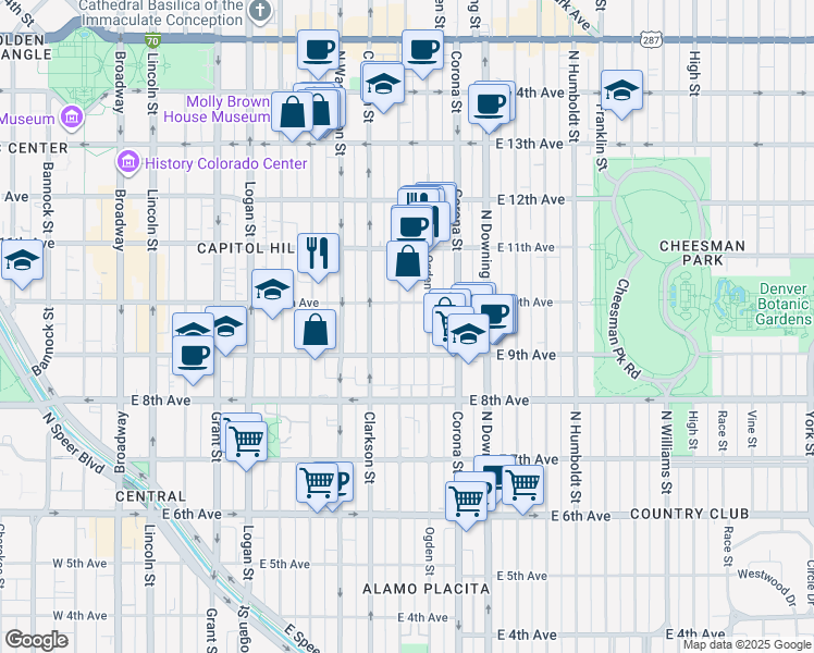 map of restaurants, bars, coffee shops, grocery stores, and more near 940 Emerson Street in Denver