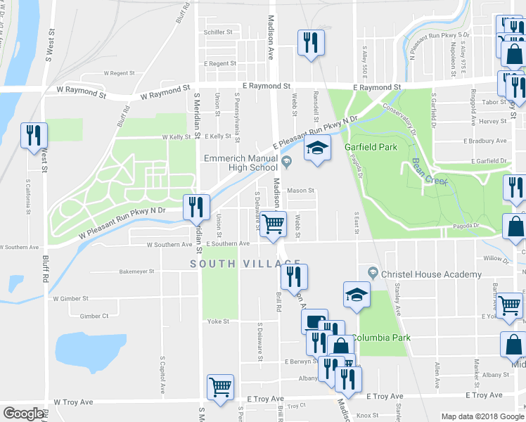 map of restaurants, bars, coffee shops, grocery stores, and more near 139 Hoefgen Street in Indianapolis
