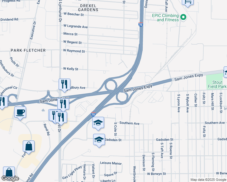 map of restaurants, bars, coffee shops, grocery stores, and more near Sam Jones Expressway in Indianapolis