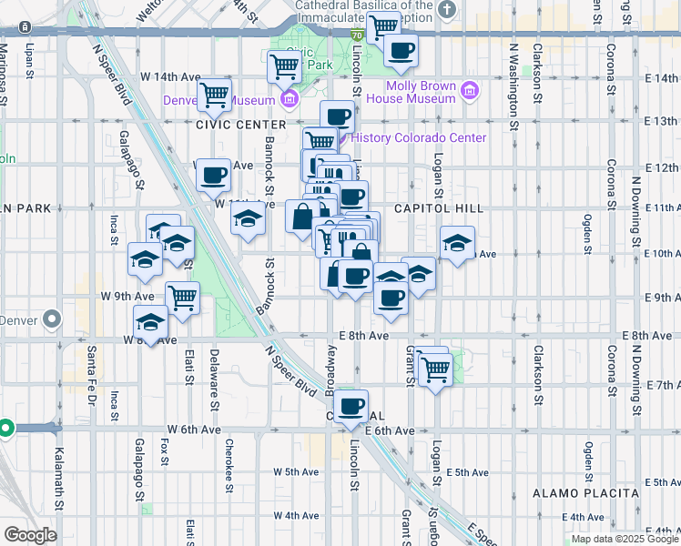 map of restaurants, bars, coffee shops, grocery stores, and more near 940 Broadway in Denver