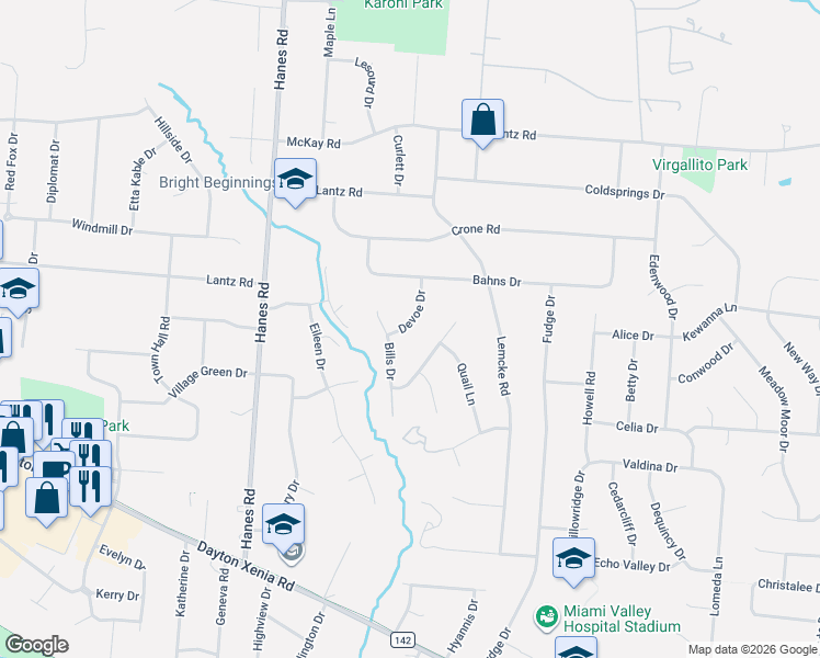 map of restaurants, bars, coffee shops, grocery stores, and more near 1445 Devoe Drive in Dayton