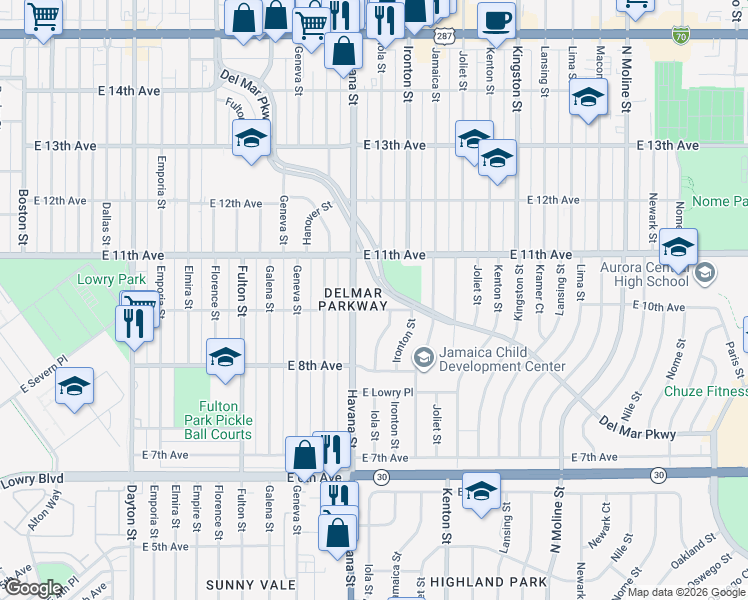map of restaurants, bars, coffee shops, grocery stores, and more near 10650-10662 Del Mar Parkway in Aurora
