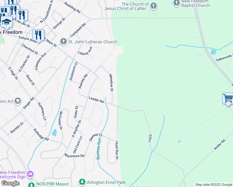 map of restaurants, bars, coffee shops, grocery stores, and more near 25 Meadow Street in New Freedom