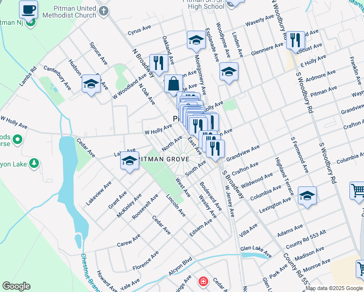 map of restaurants, bars, coffee shops, grocery stores, and more near 127 3rd Avenue in Pitman