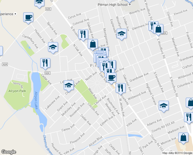 map of restaurants, bars, coffee shops, grocery stores, and more near 127 3rd Avenue in Pitman