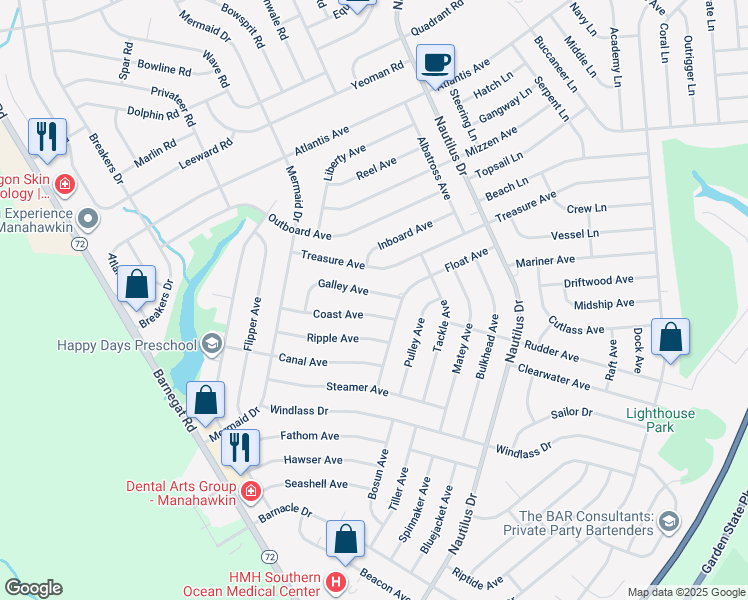 map of restaurants, bars, coffee shops, grocery stores, and more near 1183 Galley Avenue in Stafford Township